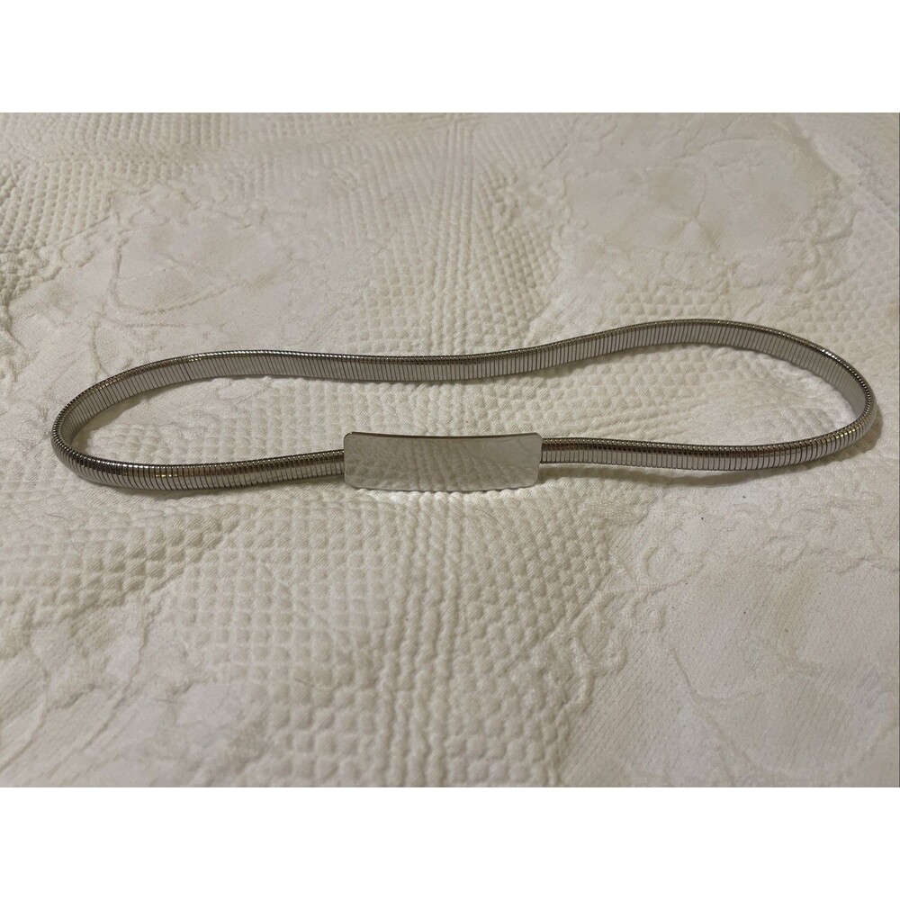 Vtg Silver Metal Snake Chain Stretch Belt Minimalist Rectangular Buckle 24”-28”